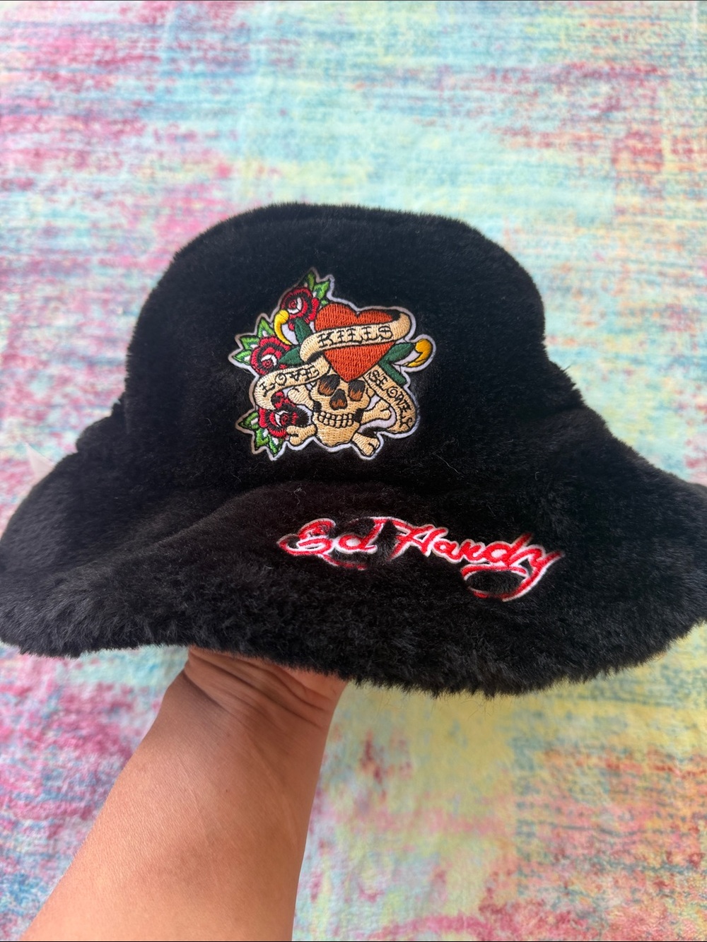 Ed Hardy Black Plush Bucket Hat with Tattoo Skull Patch